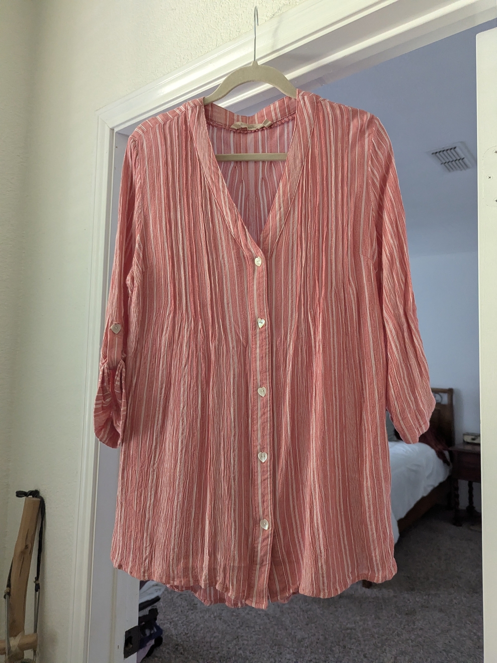 Soft Surroundings Coral-Striped Button Front Blouse